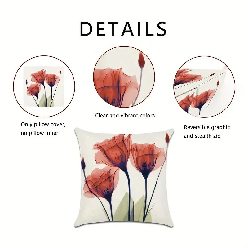 Set of 4 Linen Floral Pillow Covers for Home Decor