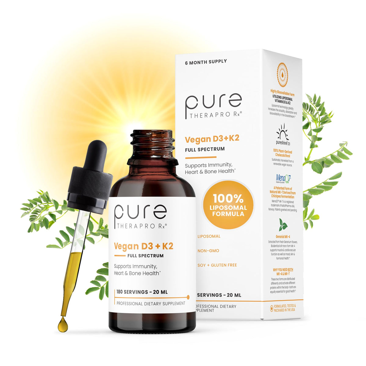 Vegan D3 + K2 Organic 100% Liposomal | 180 Servings | Maximum Absorption Vitamin D3 and Vitamin K2 Supplements for Men and Women D3 Vitamin 5000 IU Liquid Vitamin D3 with K2 - 20 mL Bottle