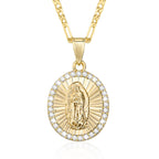 Hisatan 14k Gold Plated Guadalupe Virgin Mary Pendant Necklace for Women Cubic Zirconia Mother Mary Catholic Necklace Virgen de Guadalupe Charm Pendant Lady of Guadalupe Jewelry 18"+2" Chain