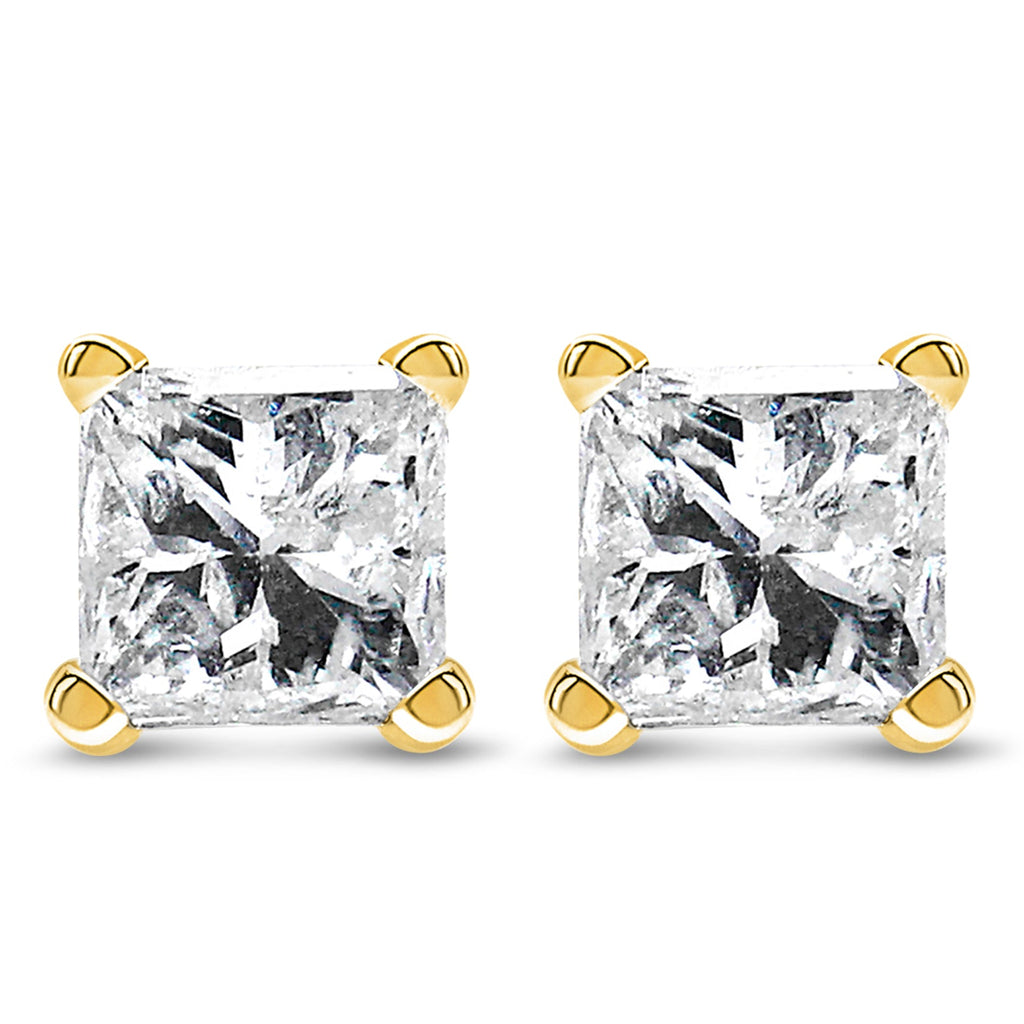 AGS Certified 14k Yellow Gold 1/4 cttw 4-Prong Set Princess-Cut Solitaire Diamond Push Back Stud Earrings (F-G Color, SI2-I1 Clarity)